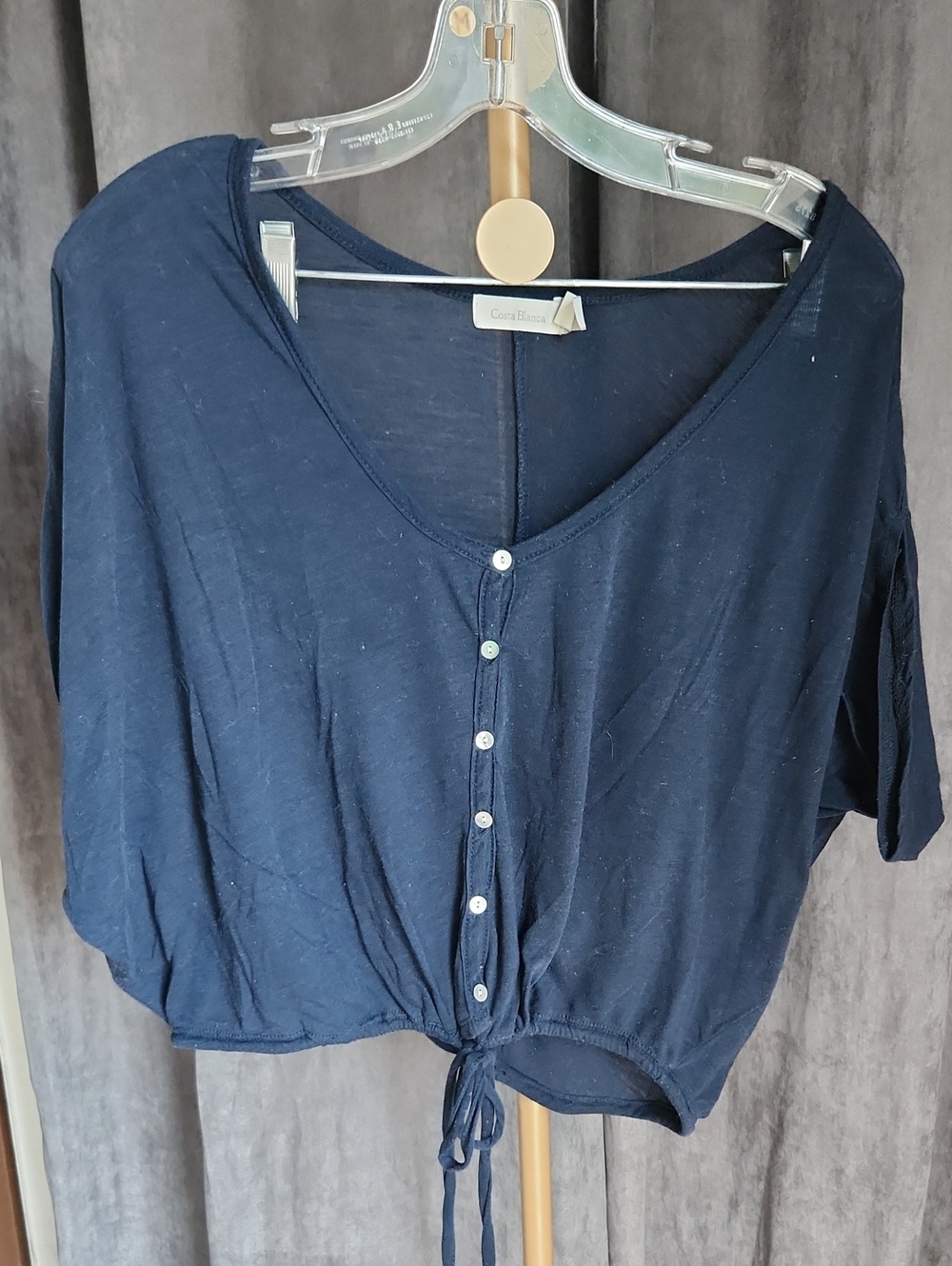Costa Blanca Navy Button-Front Tie Hem Women's Top